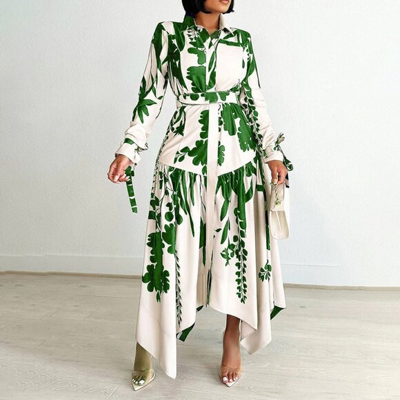 Summer fashion temperament printed lapel long sleeve irregular dress - Picture 1 of 5